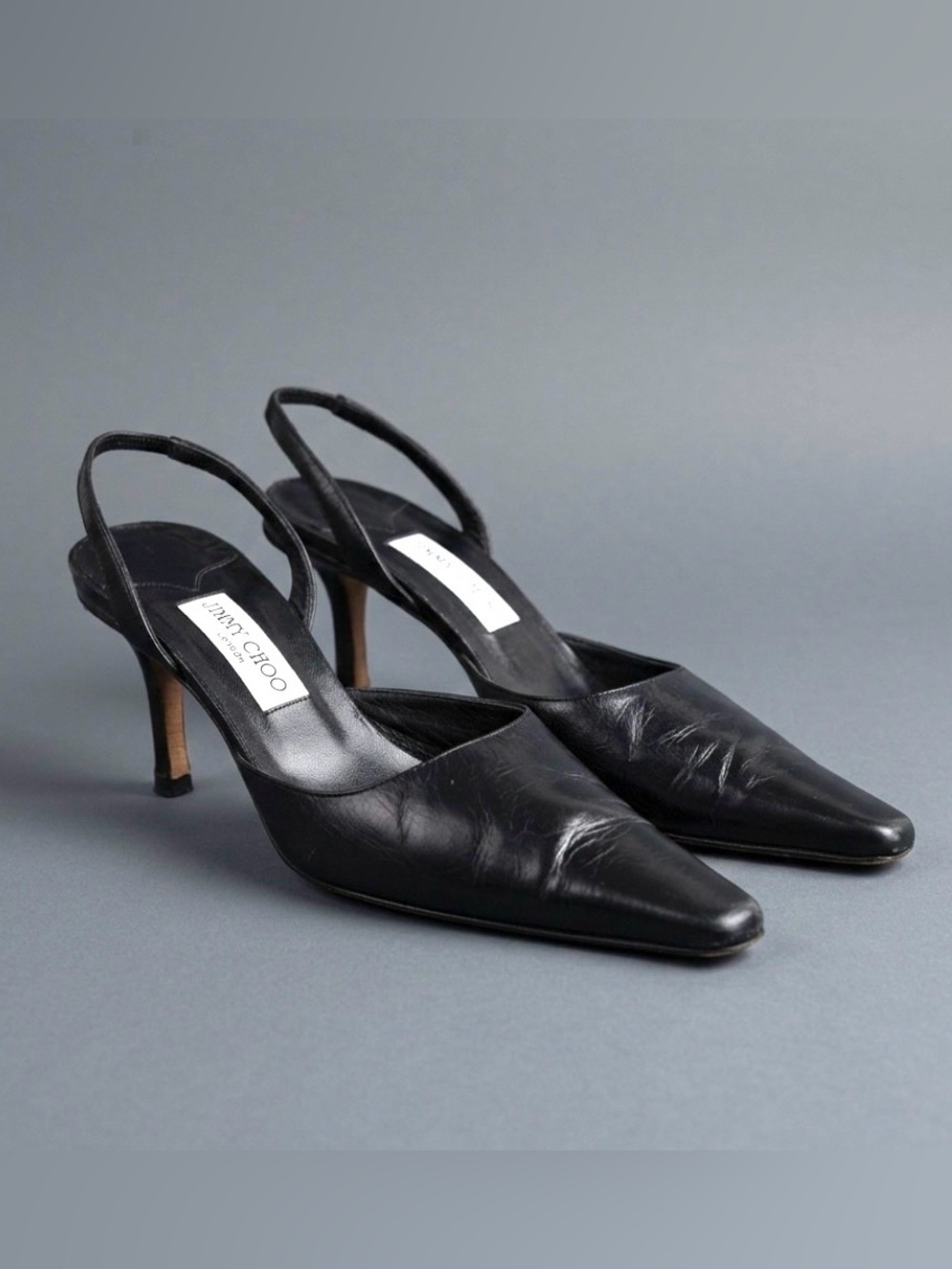 Vintage Jimmy Choo Black Leather Pointed Square Toe Slingback Kitten Heels 40